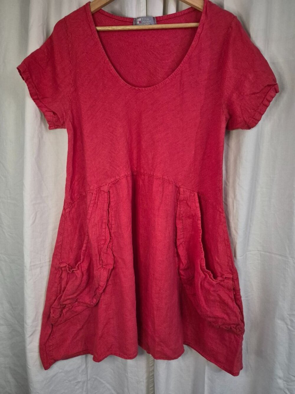 Tina Stephens Italy Red Large Lagenlook Beach Casual Comfort Linen Boho Mini Dre
